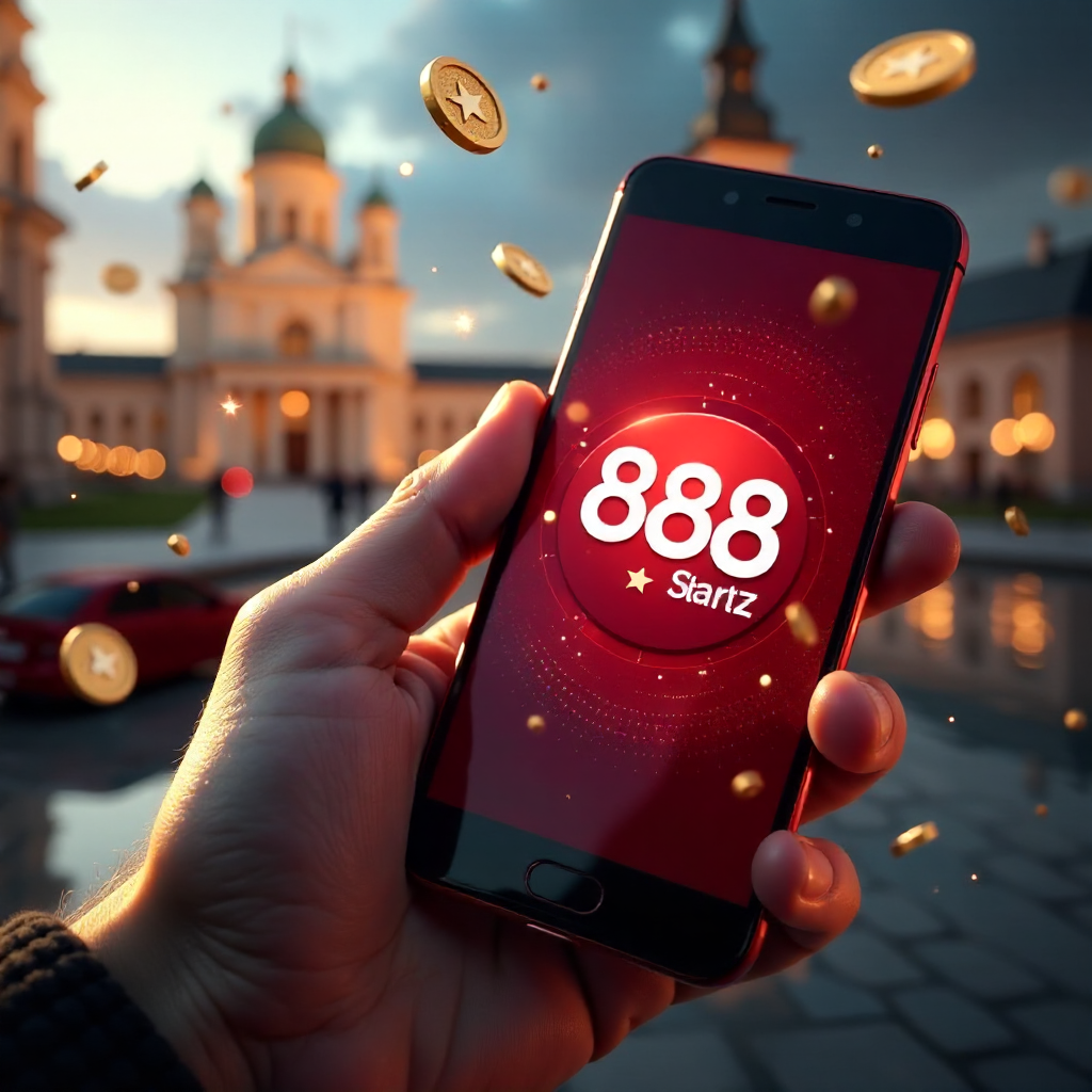 A premium smartphone held in a hand featuring the 888starz app, with the Palace of Culture and Science in Warsaw in the background, official red and white brand colors, 3D flying golden coins and roulette elements, cinematic lighting, 8k.